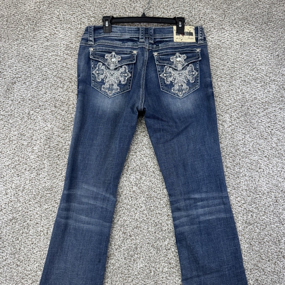 La Idol Jeans Women's Size 13 35x34 Rhinestones Back Pocket Flaps Bootcut Denim - Picture 2 of 16